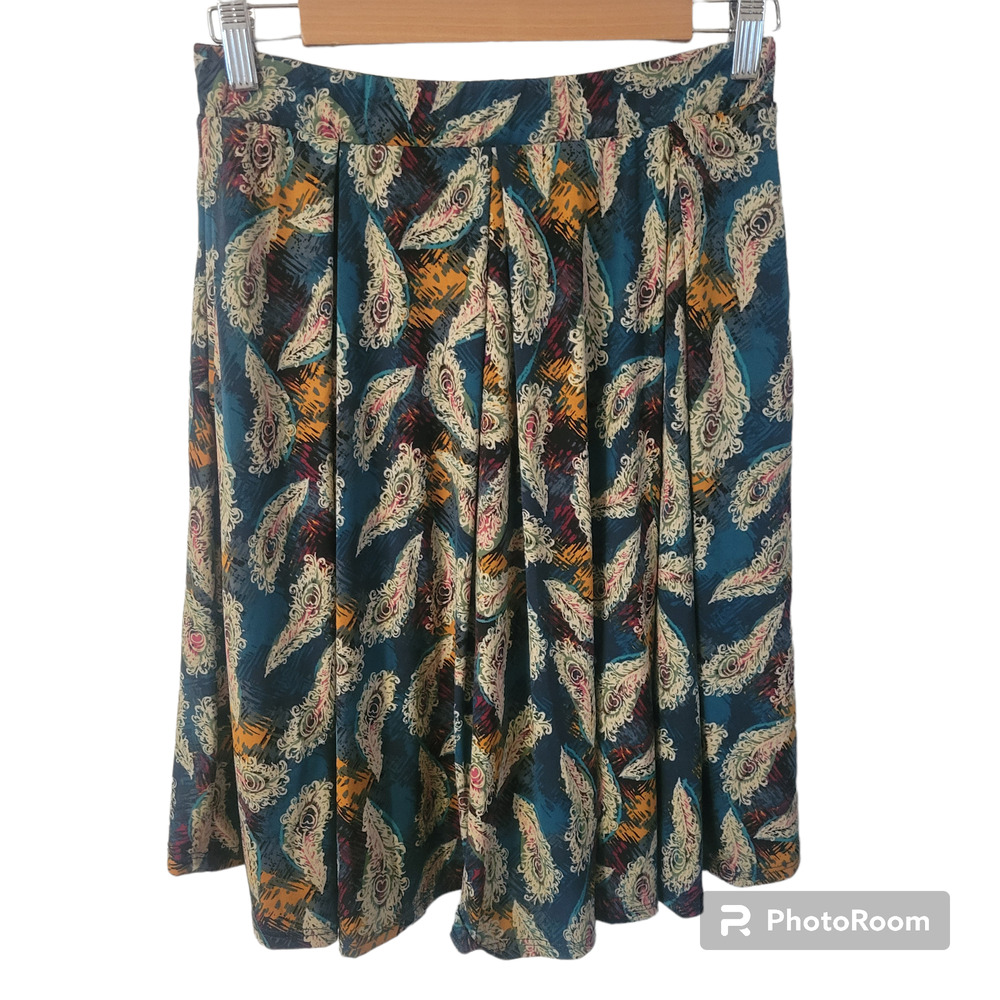 Lularoe Madison Skirt Women's Medium Peacock Feathers Lightweight Slinky